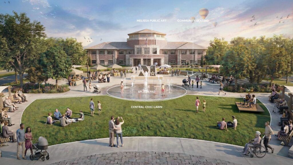 Rendering of a central civic lawn with splash pad, public art, and community seating in Melissa, Texas – urban planning and design by Urban Alchemy Collective