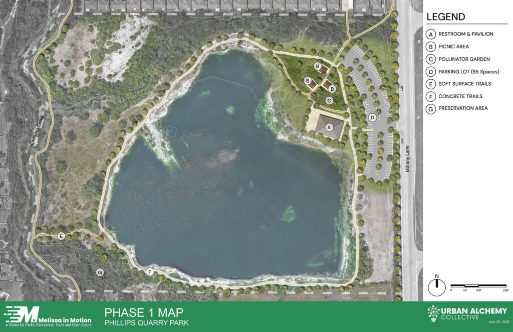 Phillips Quarry Park Phase 1 master plan map showing trails, picnic areas, and pollinator garden – parks planning by Urban Alchemy Collective