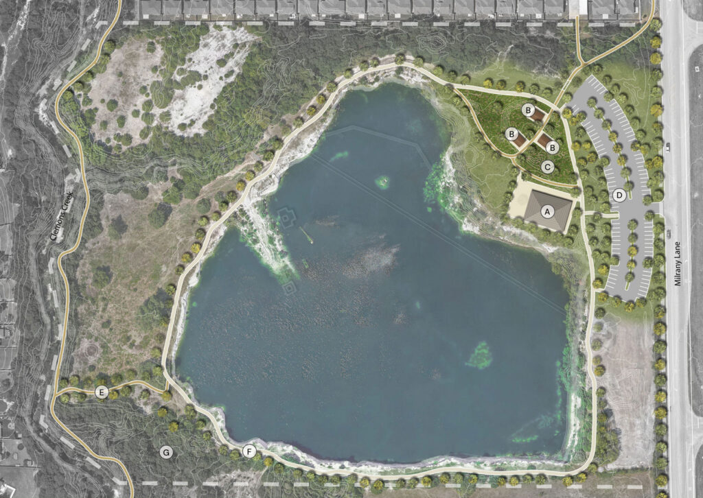 Phillips Quarry Park Phase 1 master plan map showing trails, picnic areas, and pollinator garden – parks planning by Urban Alchemy Collective