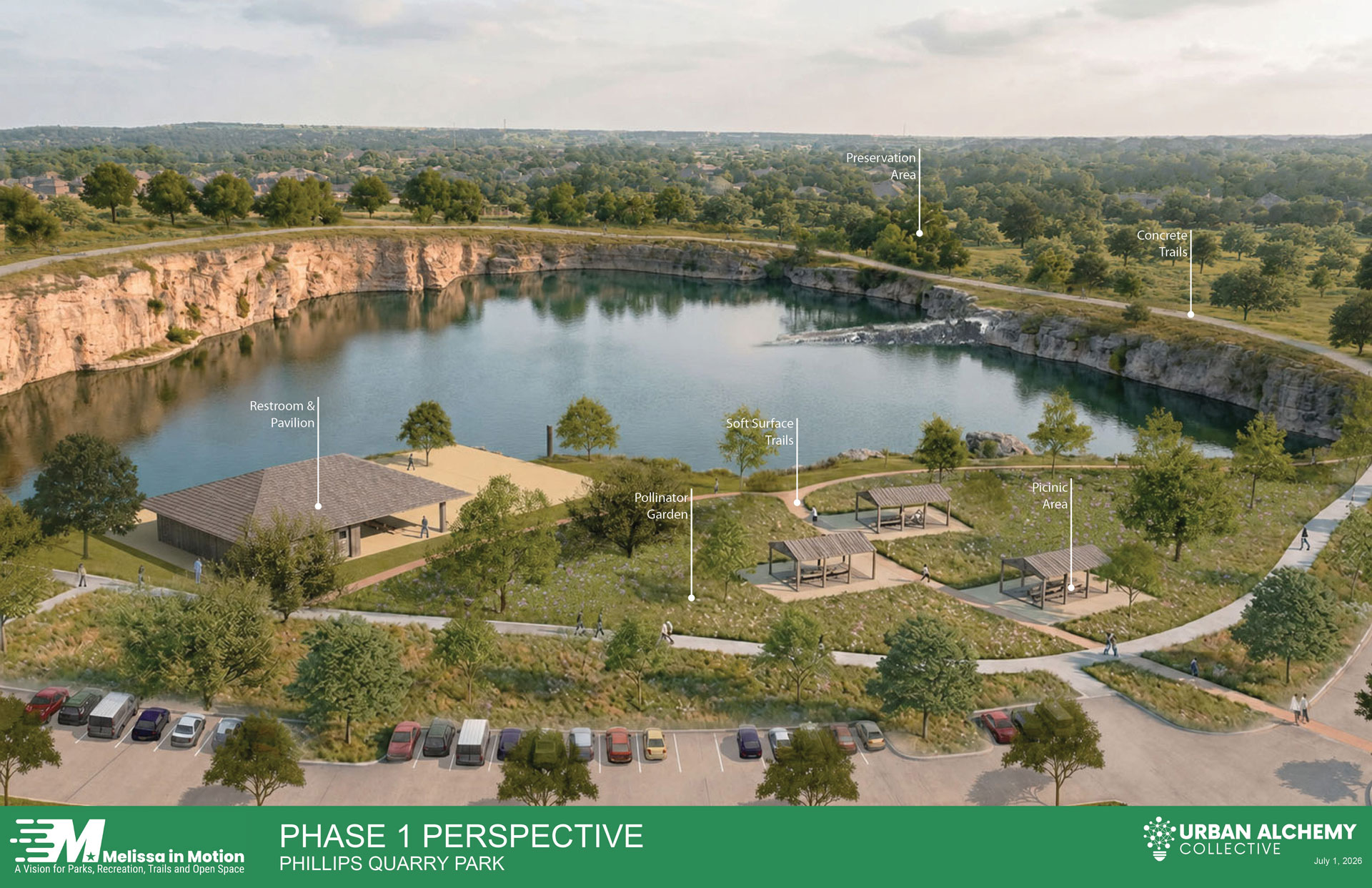 Aerial rendering of Phillips Quarry Park Phase 1 with quarry lake, pavilion, and trails – landscape architecture led by Colt Yorek of Urban Alchemy Collective
