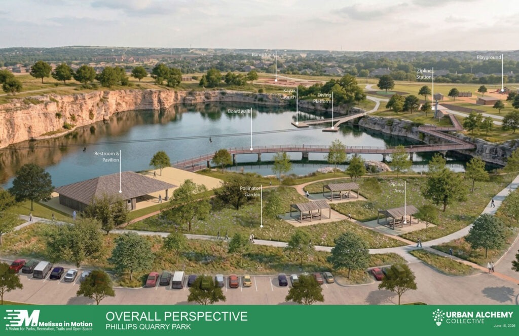 Overall perspective rendering of Phillips Quarry Park with boardwalk, kayak launch, zipline, and playground – landscape architecture by Urban Alchemy Collective